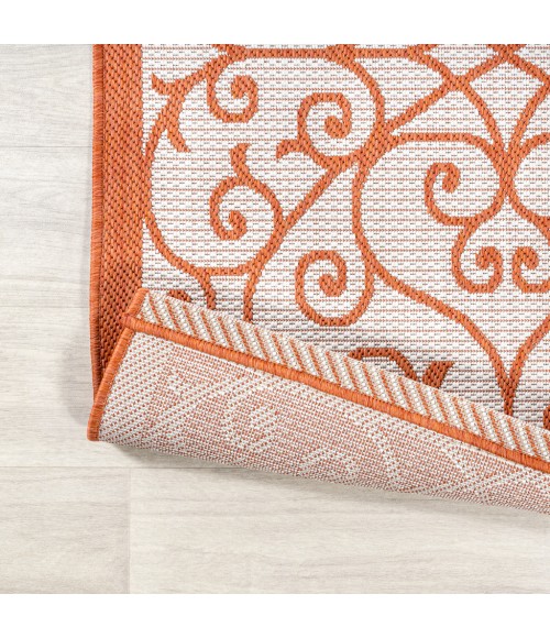 SANTA MONICA Area Rug Madrid Vintage Filigree Textured Weave Cream/Orange 5' Square Indoor/Outdoor Area Rug