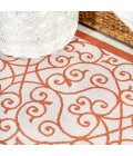 SANTA MONICA Area Rug Madrid Vintage Filigree Textured Weave Cream/Orange 5' Square Indoor/Outdoor Area Rug