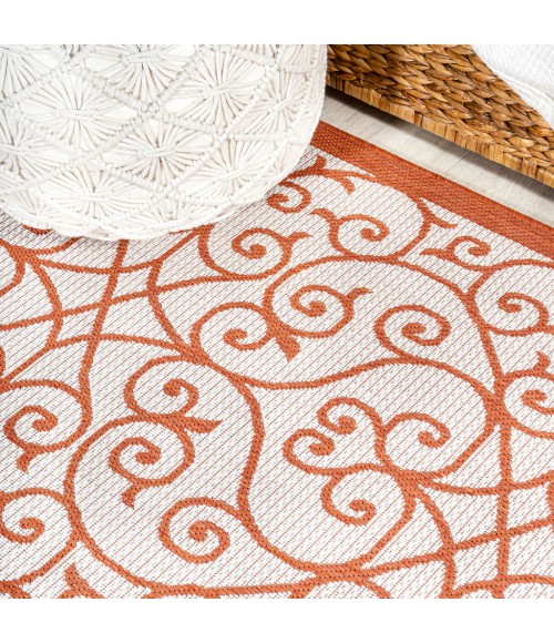 SANTA MONICA Area Rug Madrid Vintage Filigree Textured Weave Cream/Orange 5' Square Indoor/Outdoor Area Rug