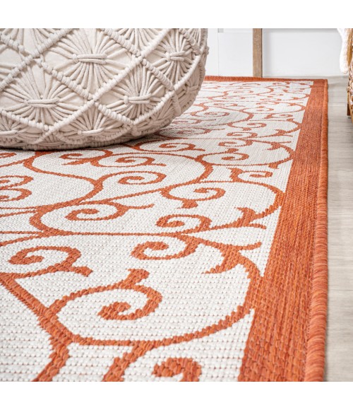 SANTA MONICA Area Rug Madrid Vintage Filigree Textured Weave Cream/Orange 5' Square Indoor/Outdoor Area Rug