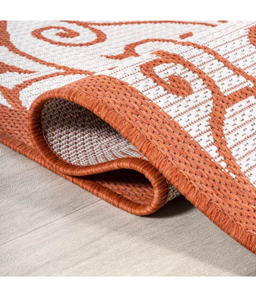 SANTA MONICA Area Rug Madrid Vintage Filigree Textured Weave Cream/Orange 5' Square Indoor/Outdoor Area Rug