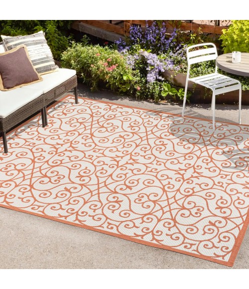 SANTA MONICA Area Rug Madrid Vintage Filigree Textured Weave Cream/Orange 5 ft. x 8 ft. Indoor/Outdoor Area Rug