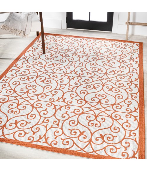 SANTA MONICA Area Rug Madrid Vintage Filigree Textured Weave Cream/Orange 5 ft. x 8 ft. Indoor/Outdoor Area Rug