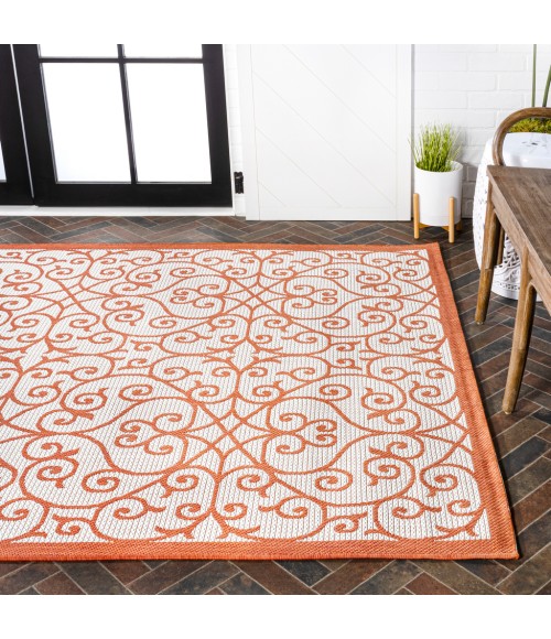 SANTA MONICA Area Rug Madrid Vintage Filigree Textured Weave Cream/Orange 5 ft. x 8 ft. Indoor/Outdoor Area Rug