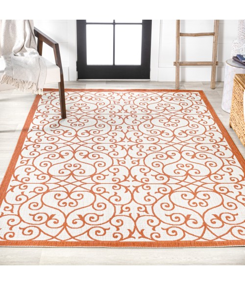 SANTA MONICA Area Rug Madrid Vintage Filigree Textured Weave Cream/Orange 5 ft. x 8 ft. Indoor/Outdoor Area Rug