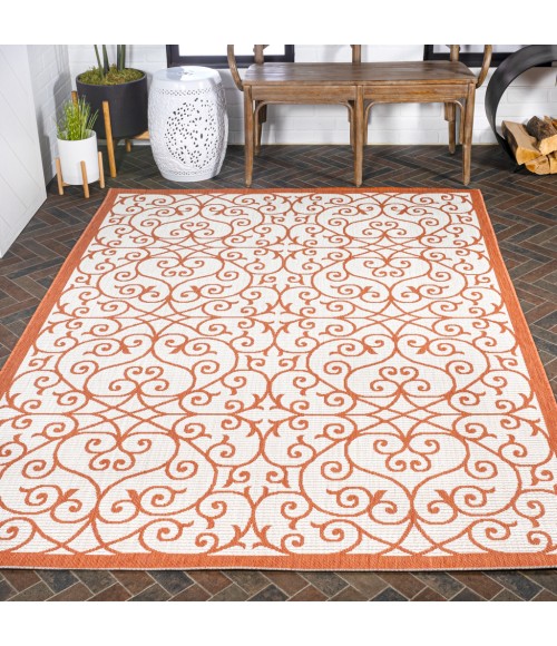 SANTA MONICA Area Rug Madrid Vintage Filigree Textured Weave Cream/Orange 5 ft. x 8 ft. Indoor/Outdoor Area Rug