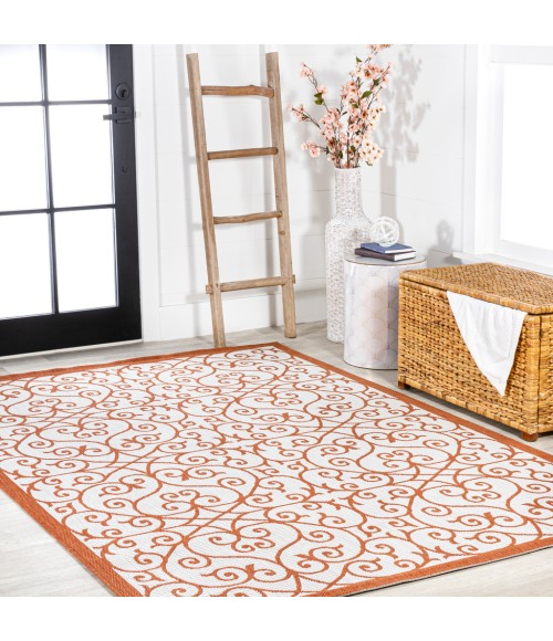 SANTA MONICA Area Rug Madrid Vintage Filigree Textured Weave Cream/Orange 5 ft. x 8 ft. Indoor/Outdoor Area Rug