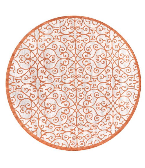 SANTA MONICA Area Rug Madrid Vintage Filigree Textured Weave Cream/Orange 5' Round Indoor/Outdoor Area Rug