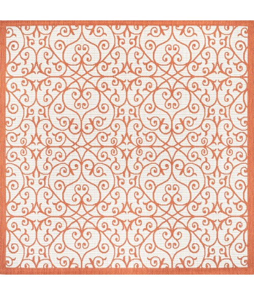 SANTA MONICA Area Rug Madrid Vintage Filigree Textured Weave Cream/Orange 5' Square Indoor/Outdoor Area Rug