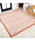 SANTA MONICA Area Rug Madrid Vintage Filigree Textured Weave Cream/Orange 5' Square Indoor/Outdoor Area Rug