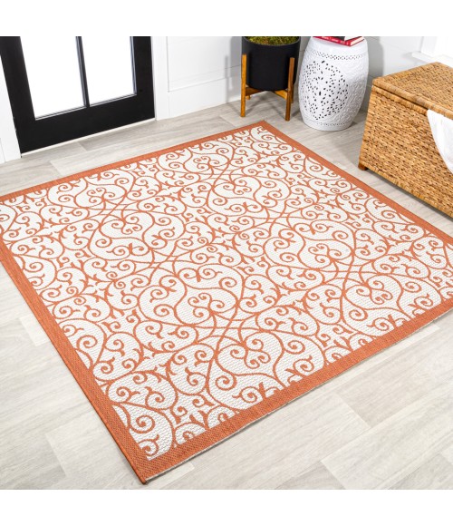 SANTA MONICA Area Rug Madrid Vintage Filigree Textured Weave Cream/Orange 5' Square Indoor/Outdoor Area Rug