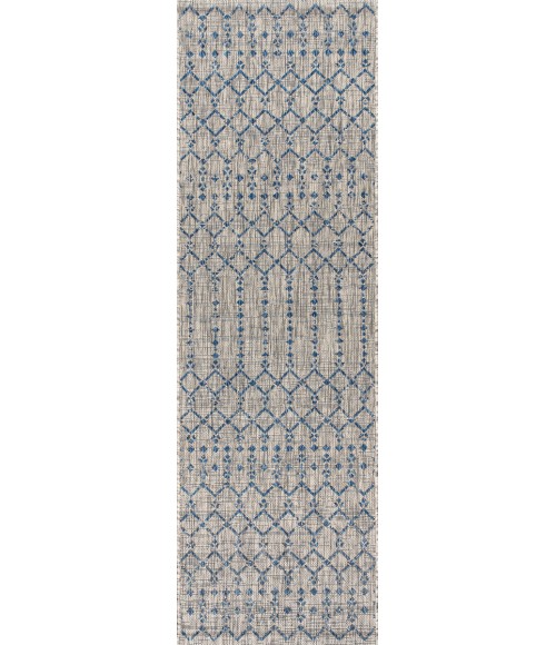 Ourika Moroccan Geometric Textured Weave Light Gray/Navy 2 ft. x 8 ft. Indoor/Outdoor Runner Rug