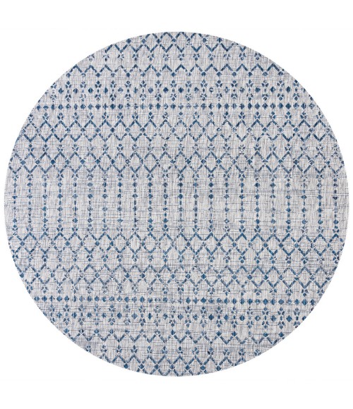 SANTA MONICA Area Rug Ourika Moroccan Geometric Textured Weave Light Gray/Navy 5' Round Indoor/Outdoor Area Rug