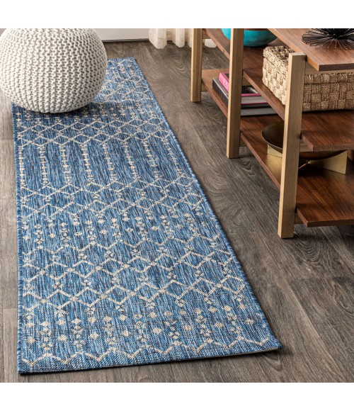 SANTA MONICA Area Rug Ourika Moroccan Geometric Textured Weave Navy/Light Gray 2 ft. x 10 ft. Indoor/Outdoor Runner Rug