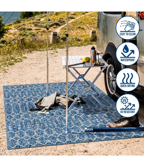 SANTA MONICA Area Rug Ourika Moroccan Geometric Textured Weave Navy/Light Gray 2 ft. x 10 ft. Indoor/Outdoor Runner Rug