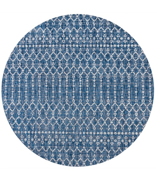 Ourika Moroccan Geometric Textured Weave Navy/Light Gray 5' Round Indoor/Outdoor Area Rug