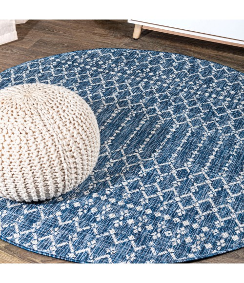 Ourika Moroccan Geometric Textured Weave Navy/Light Gray 5' Round Indoor/Outdoor Area Rug