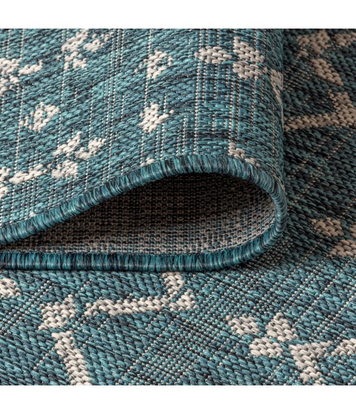 SANTA MONICA Area Rug Ourika Moroccan Geometric Textured Weave Teal/Gray 5' Round Indoor/Outdoor Area Rug