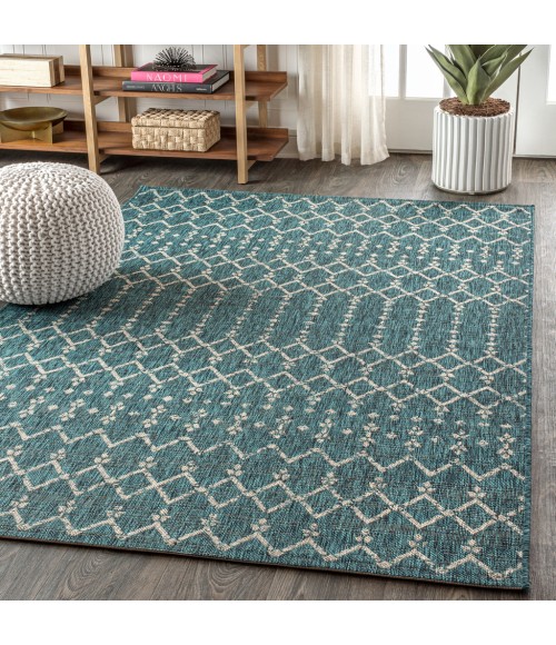 SANTA MONICA Area Rug Ourika Moroccan Geometric Textured Weave Teal/Gray 4 ft. x 6 ft. Indoor/Outdoor Area Rug