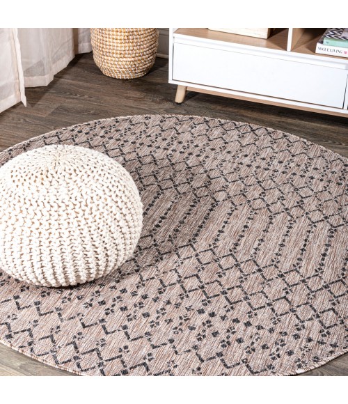 SANTA MONICA Area Rug Ourika Moroccan Geometric Textured Weave Natural/Black 5' Round Indoor/Outdoor Area Rug