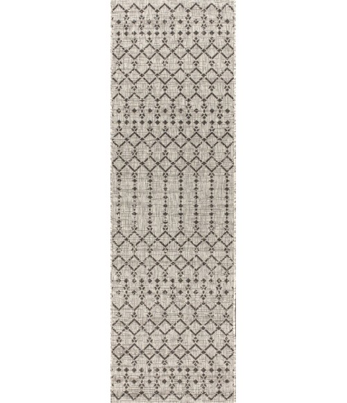 Ourika Moroccan Geometric Textured Weave Light Gray/Black 2 ft. x 10 ft. Indoor/Outdoor Runner Rug