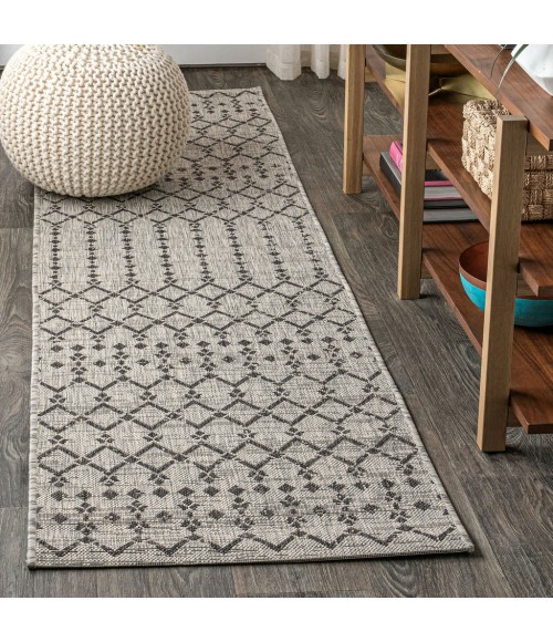 Ourika Moroccan Geometric Textured Weave Light Gray/Black 2 ft. x 10 ft. Indoor/Outdoor Runner Rug