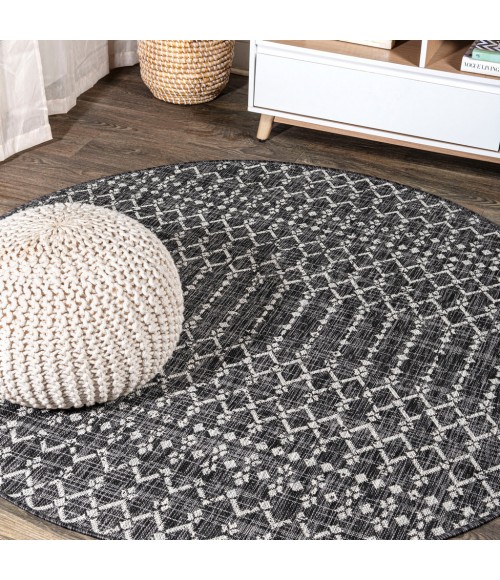 SANTA MONICA Area Rug Ourika Moroccan Geometric Textured Weave Black/Gray 5' Round Indoor/Outdoor Area Rug