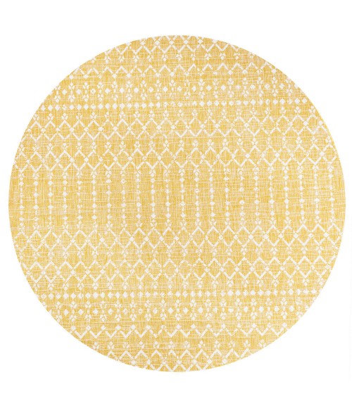 SANTA MONICA Area Rug Ourika Moroccan Geometric Textured Weave Yellow/Cream 5' Round Indoor/Outdoor Area Rug