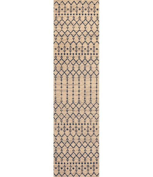 Ourika Moroccan Geometric Textured Weave Beige/Navy 2 ft. x 8 ft. Indoor/Outdoor Runner Rug