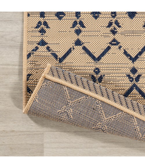 Ourika Moroccan Geometric Textured Weave Beige/Navy 5' Square Indoor/Outdoor Area Rug