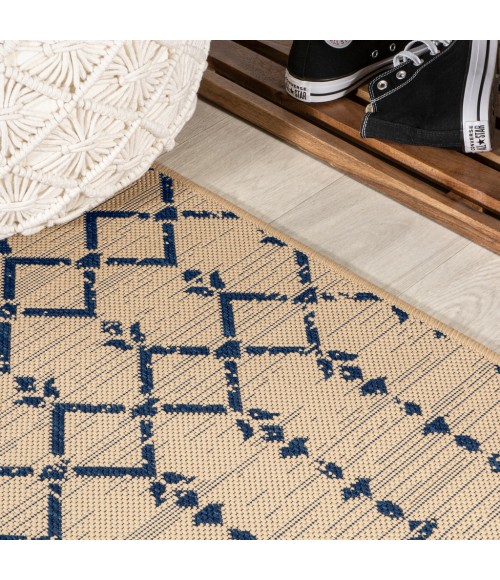 Ourika Moroccan Geometric Textured Weave Beige/Navy 5' Square Indoor/Outdoor Area Rug