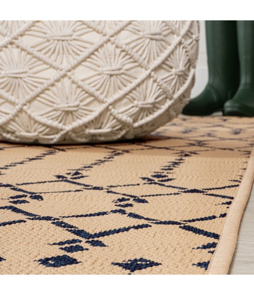 Ourika Moroccan Geometric Textured Weave Beige/Navy 5' Square Indoor/Outdoor Area Rug