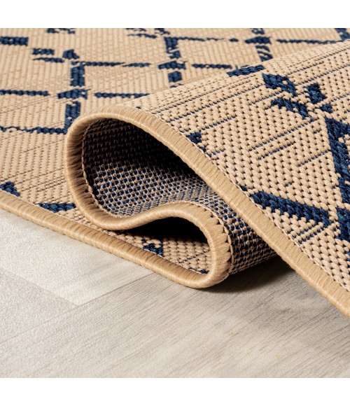Ourika Moroccan Geometric Textured Weave Beige/Navy 5' Square Indoor/Outdoor Area Rug