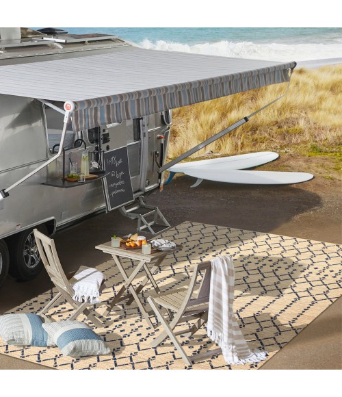 Ourika Moroccan Geometric Textured Weave Beige/Navy 5' Square Indoor/Outdoor Area Rug