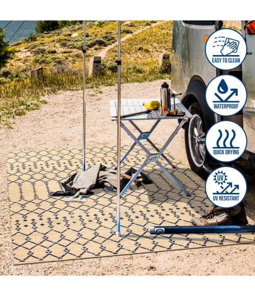 Ourika Moroccan Geometric Textured Weave Beige/Navy 5' Square Indoor/Outdoor Area Rug