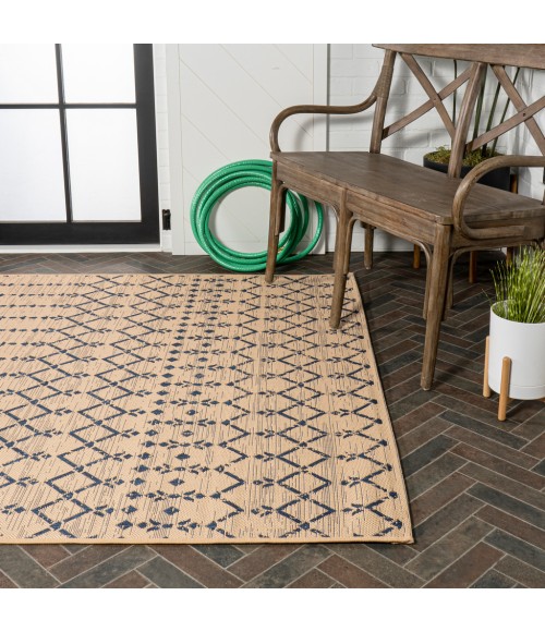 Ourika Moroccan Geometric Textured Weave Beige/Navy 3 ft. x 5 ft. Indoor/Outdoor Area Rug