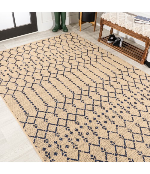 Ourika Moroccan Geometric Textured Weave Beige/Navy 3 ft. x 5 ft. Indoor/Outdoor Area Rug
