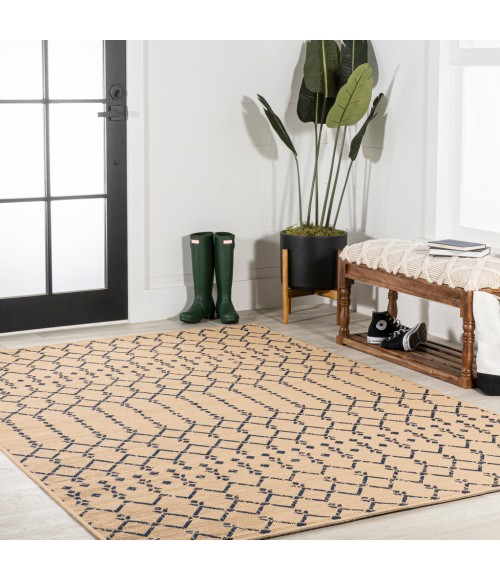Ourika Moroccan Geometric Textured Weave Beige/Navy 3 ft. x 5 ft. Indoor/Outdoor Area Rug