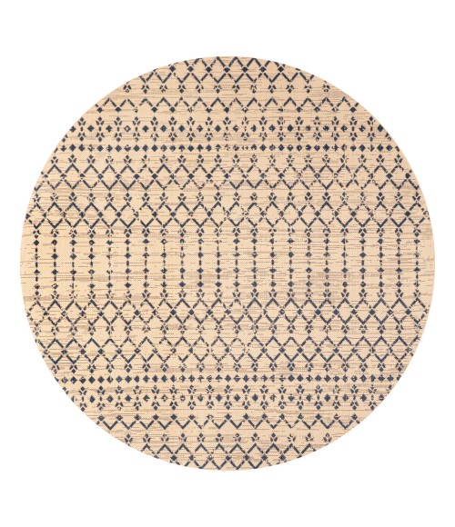 Ourika Moroccan Geometric Textured Weave Beige/Navy 5' Round Indoor/Outdoor Area Rug