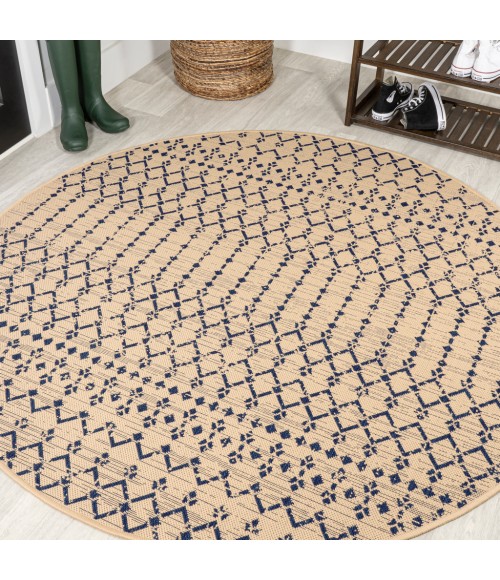 Ourika Moroccan Geometric Textured Weave Beige/Navy 5' Round Indoor/Outdoor Area Rug