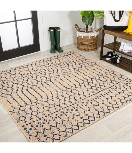 Ourika Moroccan Geometric Textured Weave Beige/Navy 5' Square Indoor/Outdoor Area Rug