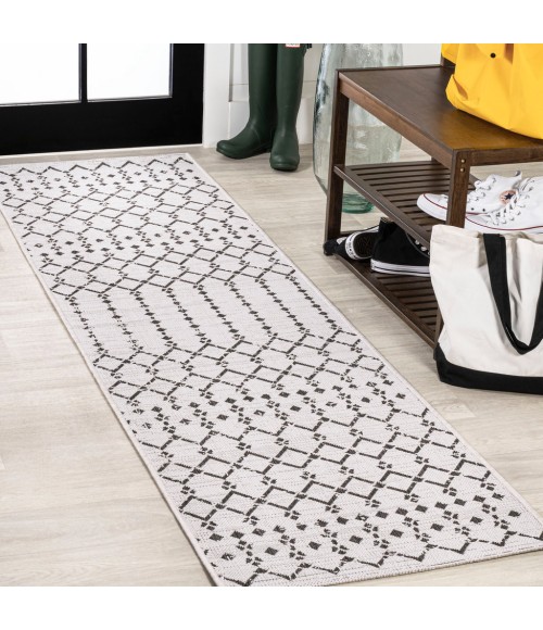 Ourika Moroccan Geometric Textured Weave Cream/Black 2 ft. x 10 ft. Indoor/Outdoor Runner Rug