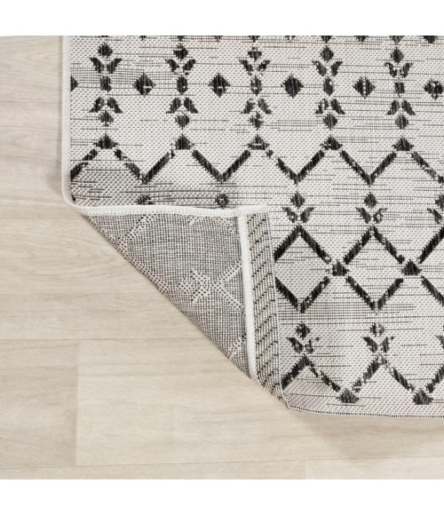 Ourika Moroccan Geometric Textured Weave Cream/Black 5' Square Indoor/Outdoor Area Rug