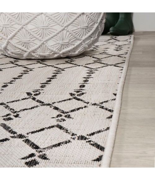 Ourika Moroccan Geometric Textured Weave Cream/Black 5' Square Indoor/Outdoor Area Rug