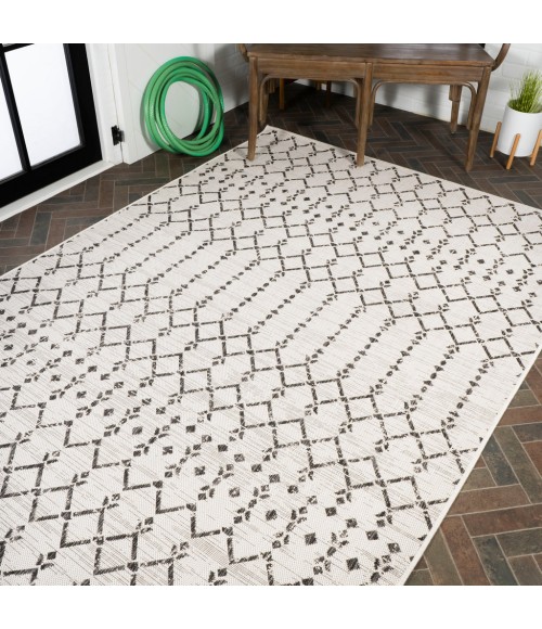 Ourika Moroccan Geometric Textured Weave Cream/Black 5 ft. x 8 ft. Indoor/Outdoor Area Rug