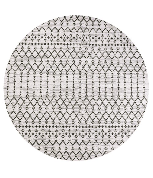 Ourika Moroccan Geometric Textured Weave Cream/Black 5' Round Indoor/Outdoor Area Rug