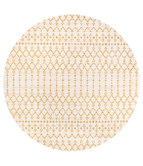 Ourika Moroccan Geometric Textured Weave Cream/Yellow 5' Round Indoor/Outdoor Area Rug