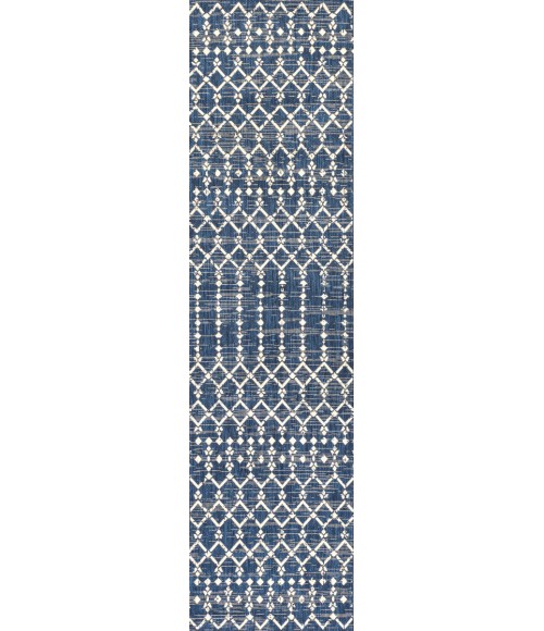 SANTA MONICA Area Rug Ourika Moroccan Geometric Textured Weave Navy/Beige 2 ft. x 10 ft. Indoor/Outdoor Runner Rug