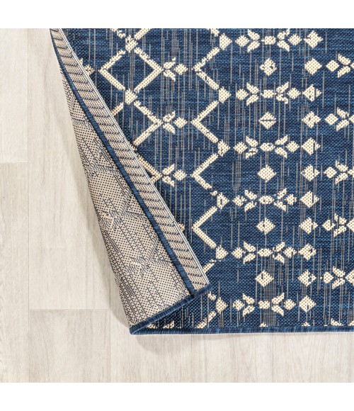 SANTA MONICA Area Rug Ourika Moroccan Geometric Textured Weave Navy/Beige 5' Square Indoor/Outdoor Area Rug