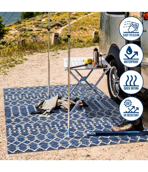 SANTA MONICA Area Rug Ourika Moroccan Geometric Textured Weave Navy/Beige 5' Square Indoor/Outdoor Area Rug